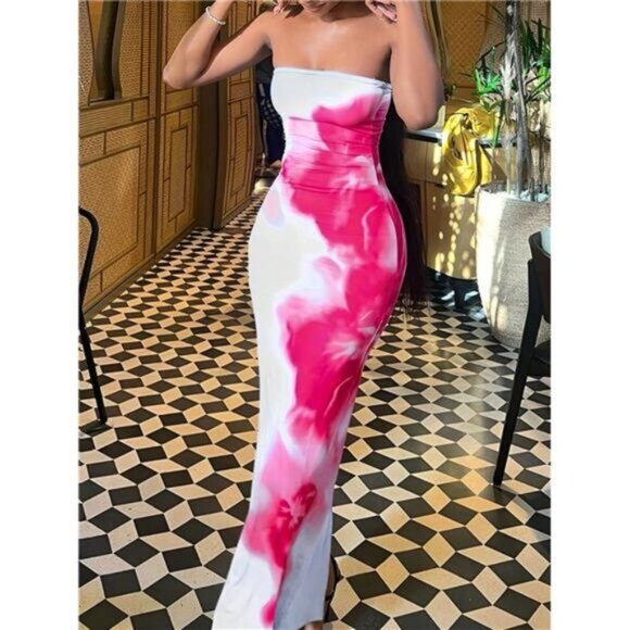 Women Floral Tie-Dye Print Fitted Elegant Midi Dress - Picture 1 of 3